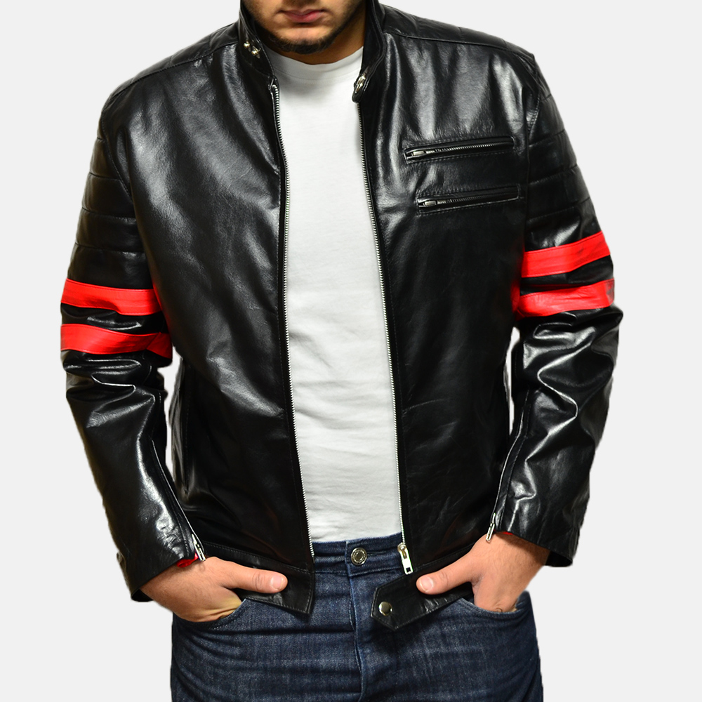 Mens Monza Black & Red Leather Biker Jacket