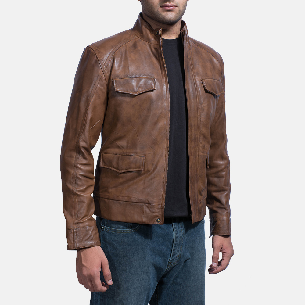 Mens Smudge Brown Leather Biker Jacket