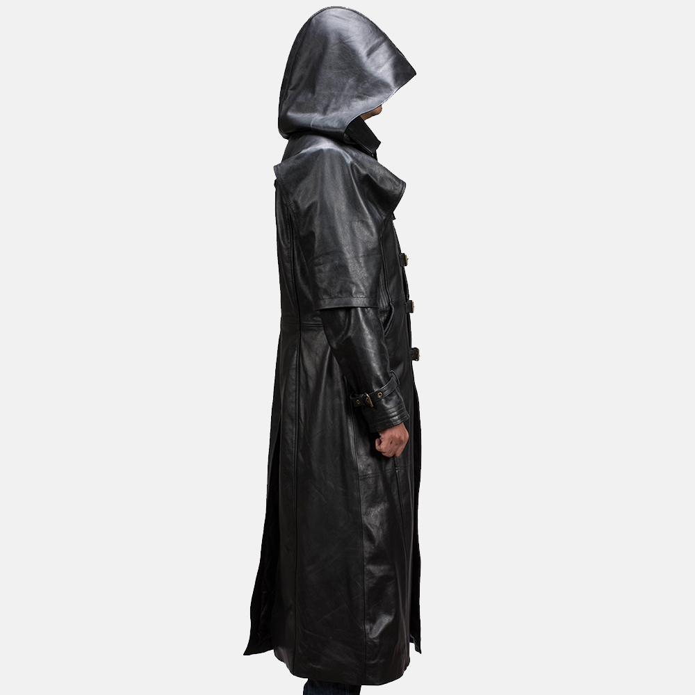 Mens Huntsman Black Hooded Leather Trench Coat