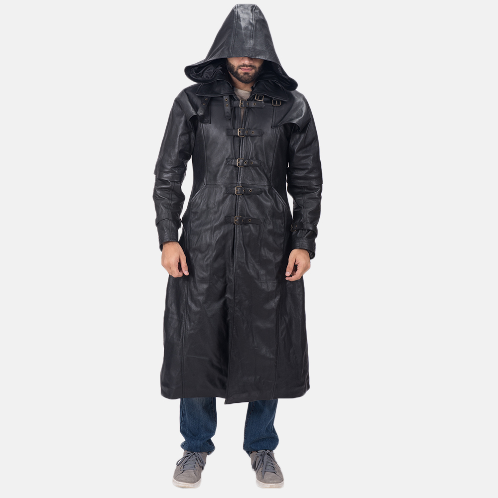 Mens Huntsman Black Hooded Leather Trench Coat